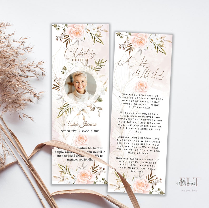 modern funeral bookmark template for men & women greenery leaves, memorial bookmark man, funeral bookmark printable 2,5x7 image 1