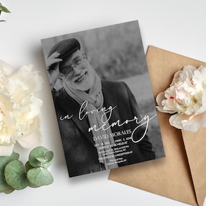 Modelo de cartão de convite de funeral preto e branco, convite de celebração de vida com foto simples, cartão memorial de funeral, anúncio de funeral F9
