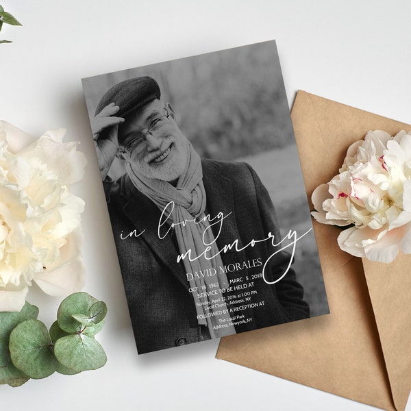 Black and White Funeral invitation card template,Simple Photo celebration of life invitation, Funeral Memorial Card,Funeral Announcement F9