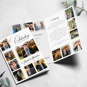 May include: A white and gray funeral program with a collage of photos of a man. The program includes the text "Celebrating the Life of David Morales Oct 18, 1952 - March 5, 2021" and "Obituary".