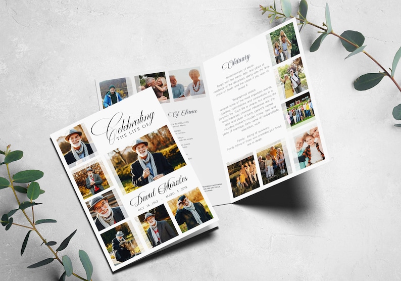 May include: A white and gray funeral program with a collage of photos of a man. The program includes the text "Celebrating the Life of David Morales Oct 18, 1952 - March 5, 2021" and "Obituary".