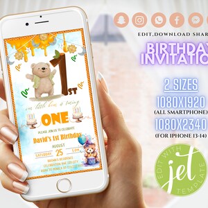 Honey Birthday Invitation, Bear First Birthday Evite Template, Phone Birthday invitation, Digital Text Birthday Invite, Birthday Party Evite