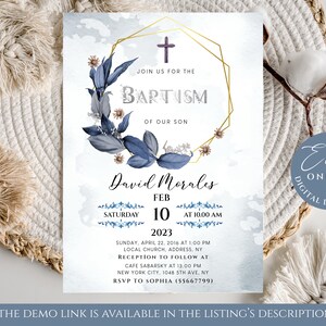 Modèle de carte d'invitation de baptême, modèle d'invitation de baptême floral de feuilles bleues, invitation de baptême d'annonce modifiable et imprimable - B6 -