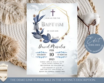 Baptism Invitation Card Template, Blue Leaves Floral Christening Invite Template, Editable and Printable Announcement Baptism Invite - B6 -