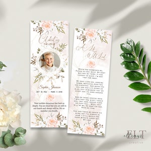 modern funeral bookmark template for men & women greenery leaves, memorial bookmark man, funeral bookmark printable 2,5x7 image 3