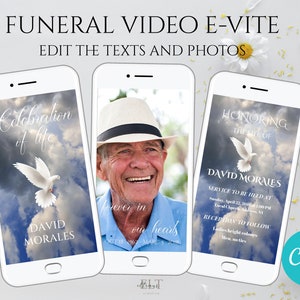 Vídeo funerario E-invitación a cielo y paloma blanca, edición de Canva, anuncio de funeral, invitación electrónica al funeral, Memorial Evite, editable
