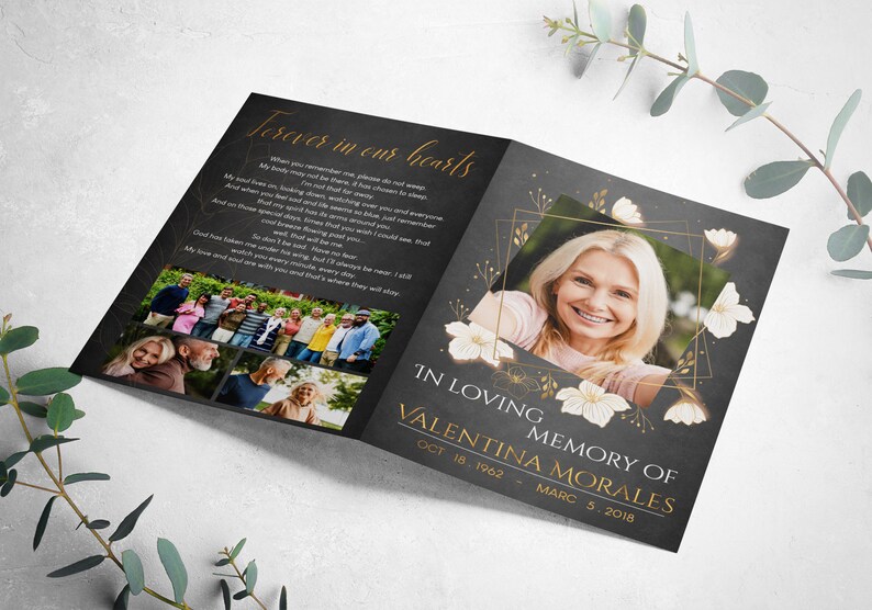 Funeral Program Template, Black and Gold Funeral Memorial Program