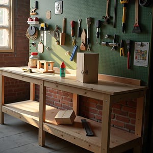 May include: A wooden workbench with a pegboard displaying various tools. The tools include hammers, wrenches, and measuring devices. A small cardboard box and a bottle of glue sit on the workbench. The background features a brick wall and a window.