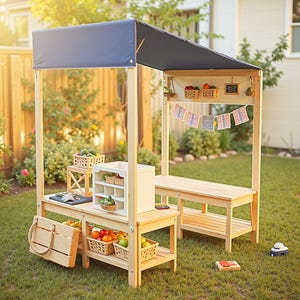 Montessori Market Stand Plan – DIY Wooden Playset with Crates, Scale & Canopy – PDF Download