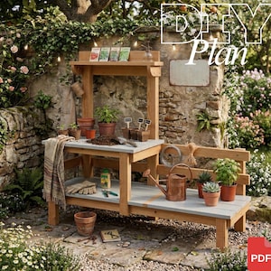 Puede incluir: Un banco de jardinería de madera con una encimera azul claro y un estante inferior. El banco está rodeado de plantas en macetas de terracota, herramientas de jardinería y sobres de semillas. El fondo presenta un muro de piedra y exuberante vegetación, con el texto "DIY Plan".