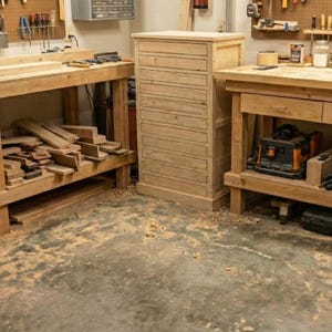 May include: A woodworking shop with two wooden workbenches, a tall cabinet, and various tools. The workbenches have drawers and shelves filled with tools and wood. The walls are lined with tools, and the floor is covered in sawdust.