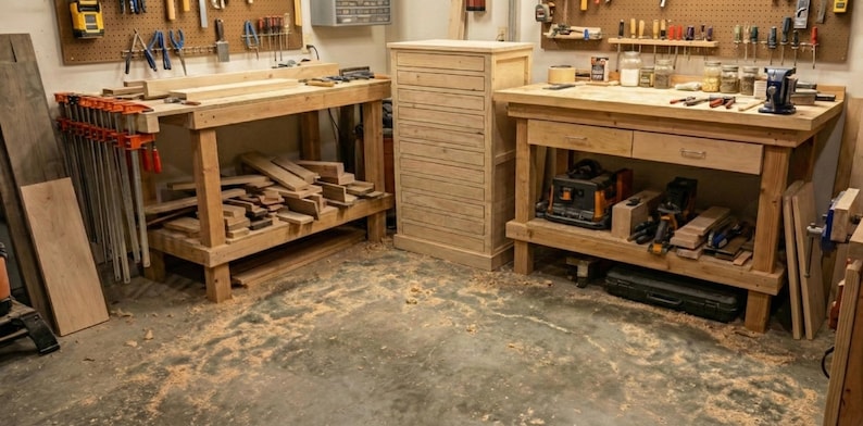 May include: A woodworking shop with two wooden workbenches, a tall cabinet, and various tools. The workbenches have drawers and shelves filled with tools and wood. The walls are lined with tools, and the floor is covered in sawdust.