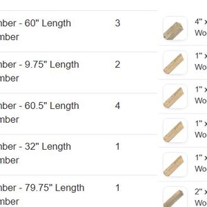 May include: A product listing featuring various wood lumber pieces with dimensions and quantities. Sizes include 2" x 4" and 1" x 6" lumber, with lengths ranging from 9.75" to 79.75". The image displays the product details.