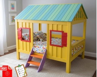 DIY Full Size Cabin Loft Bed Plans, Montessori House Bed Woodworking Guide, Kids Playhouse Bed PDF, Step-by-Step DIY