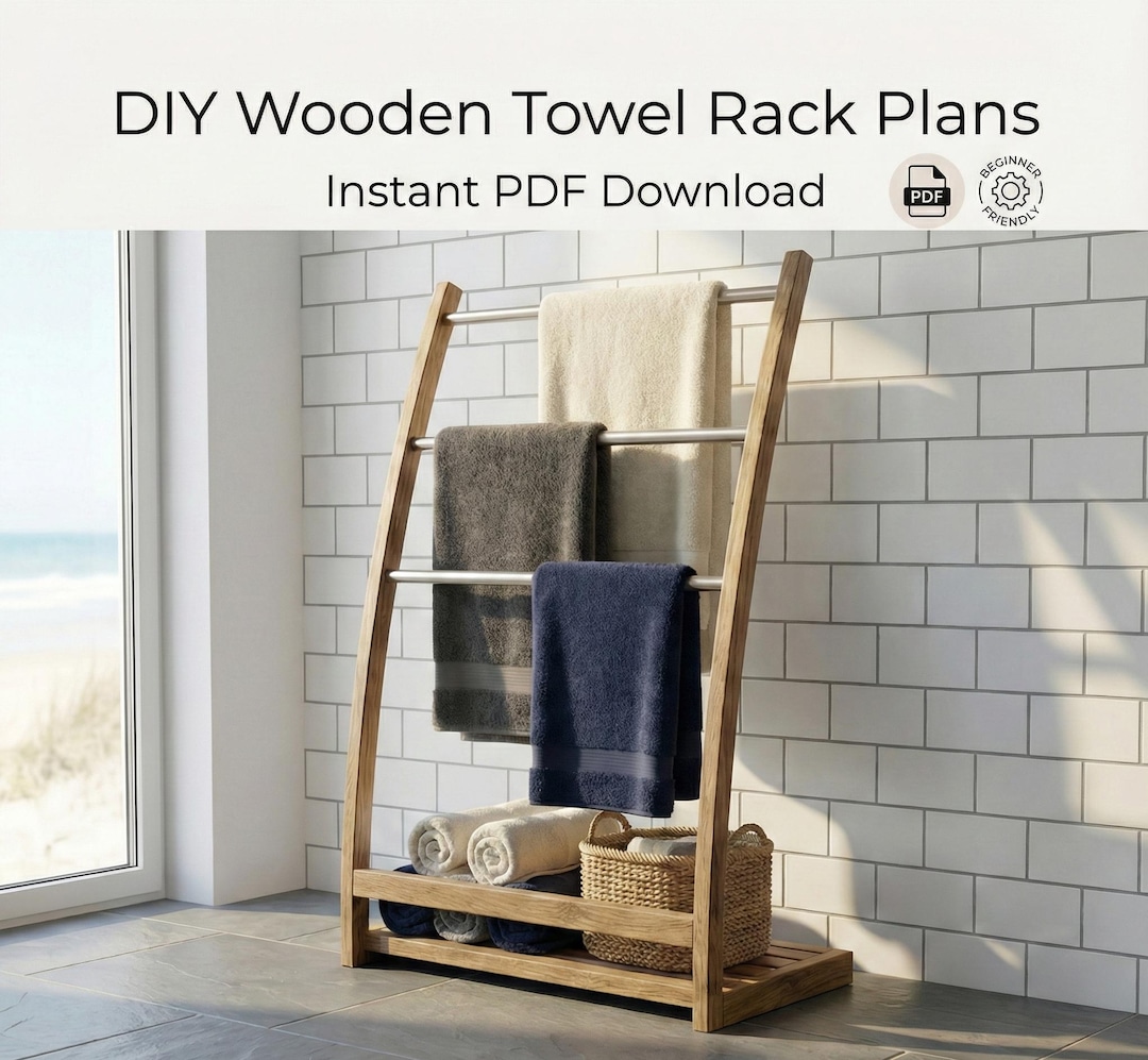 Timber Towel Rack DIY Wooden Towel Rack Plans PDF | Freestanding Bathroom Ladder Stand ...