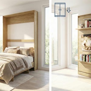 May include: A wooden wall bed and entertainment center. The bed is made up with beige bedding. The entertainment center has shelves with books, a radio, and a television. The furniture is in a light wood finish.