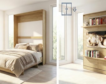 May include: A wooden wall bed and entertainment center. The bed is made up with beige bedding. The entertainment center has shelves with books, a radio, and a television. The furniture is in a light wood finish.