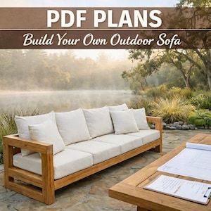 May include: A wooden outdoor sofa with cream cushions and pillows. The sofa is on a stone patio, with a wooden table and blueprints nearby. The image includes the text "PDF PLANS Build Your Own Outdoor Sofa".