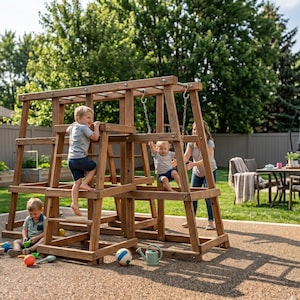 May include: A wooden playground set with ladders, climbing bars, and swings. Children are playing on the structure in a backyard setting. The playground is made of natural wood and has a sturdy design. Various toys are scattered on the ground.