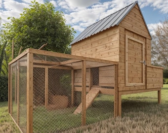 May include: A wooden chicken coop with a metal roof and a fenced-in run. The coop has a door and a ramp leading up to the nesting boxes. The run is made of wire mesh and is attached to the coop.