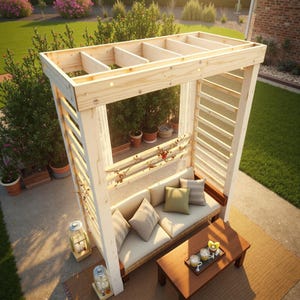 May include: A wooden outdoor seating area with a light-colored frame and a slatted back. It features a built-in bench with beige cushions and decorative pillows. A small wooden table holds drinks, and the scene is set on a patio with greenery.