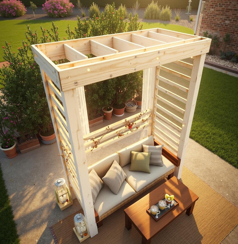 May include: A wooden outdoor seating area with a light-colored frame and a slatted back. It features a built-in bench with beige cushions and decorative pillows. A small wooden table holds drinks, and the scene is set on a patio with greenery.