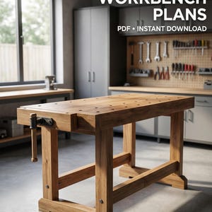 May include: A wooden workbench with a vise, in a workshop setting. The workbench is constructed from light brown wood and features a rectangular top with multiple holes. The image includes the text "WORKBENCH PLANS PDF • INSTANT DOWNLOAD".