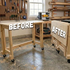May include: A wooden workbench on castors, shown assembled and folded. The word "BEFORE" is displayed on the assembled workbench, and "AFTER" on the folded one. The workbench is made of light-coloured wood.