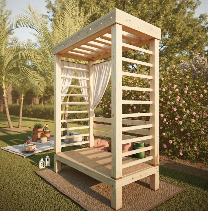 May include: A light-colored wooden outdoor daybed with a slatted roof and sides, and white curtains. The daybed is set on a rectangular rug on a grassy lawn, with palm trees and flowering bushes in the background.