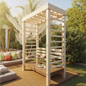 May include: A light-colored wooden pergola with a slatted roof and side ladder design. The structure sits on a brown platform, with a small table holding decorative items. The setting is outdoors, surrounded by greenery and seating.
