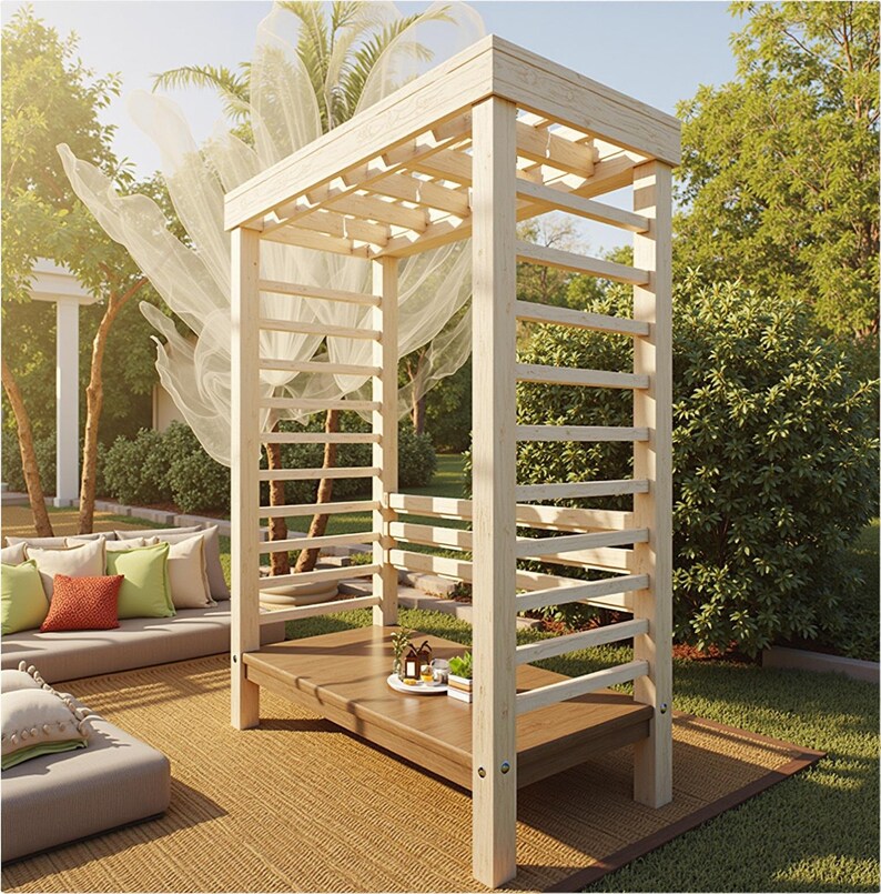 May include: A light-colored wooden pergola with a slatted roof and side ladder design. The structure sits on a brown platform, with a small table holding decorative items. The setting is outdoors, surrounded by greenery and seating.