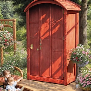 May include: A red wooden storage shed with a curved roof and double doors. The shed is on a wooden deck with two children sitting on a bench in front of it.