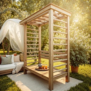 May include: A wooden outdoor gazebo with a slatted design, featuring a flat roof and ladder-like sides. The gazebo has a built-in platform with drinks and a decorative container. The structure is set in a sunny garden setting with a white draped canopy.