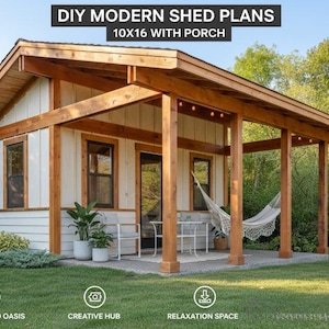 DIY 10x16 Rustic Shed Plans with Porch | Large Garden Office Blueprints | Backyard Guest House Studio | Step-by-Step Woodworking PDF