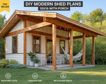 DIY 10x16 Rustic Shed Plans with Porch | Large Garden Office Blueprints | Backyard Guest House Studio | Step-by-Step Woodworking PDF