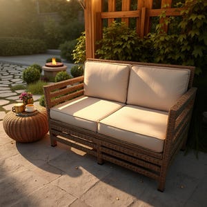 Puede incluir: Un sofá de exterior de dos plazas con estructura de mimbre tejido y cojines color crema. El sofá está sobre un patio de piedra, con una pequeña mesa redonda de mimbre y una taza de café. La escena se desarrolla en un jardín.