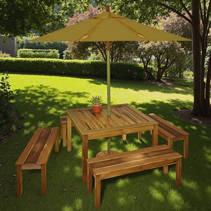May include: A wooden outdoor dining set with a square table and four benches. The table and benches are made of natural wood with a light brown finish. A green umbrella with a wooden pole provides shade over the table.