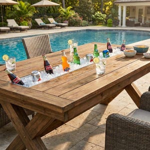 May include: A wooden outdoor dining table with a built-in ice cooler filled with ice and various beverages. The table is surrounded by wicker chairs and set near a swimming pool. Drinks include Coca-Cola, Sprite, and other bottled beverages.