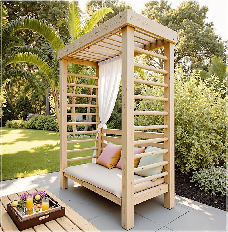 May include: A wooden outdoor daybed with a canopy, featuring a light beige cushion and decorative pillows in pink and green. The structure has a ladder-like design on the sides and is partially draped with a white curtain. A tray with drinks sits nearby.