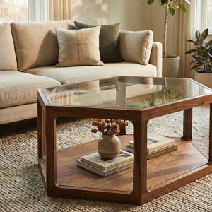 Puede incluir: Una sala de estar moderna con una mesa de centro hexagonal de madera y vidrio. La mesa tiene libros y un jarrón con flores secas. También se ve un sofá beige con cojines y un sillón de cuero.