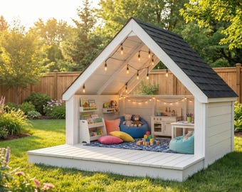 DIY Aフレーム屋外プレイハウスプラン、滑り台とデッキ付き子供用木製