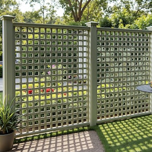 May include: A light green wooden lattice fence with square openings, set in a garden. The fence is framed by vertical posts and a top rail. A potted plant sits in front of the fence, and a table with a bowl of fruit is to the right.
