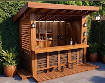 Pode incluir: Um bar exterior de madeira com telhado de palha, um balcão embutido e um pequeno banquinho de madeira. O bar é cercado por plantas verdes e tem um visual rústico e natural.