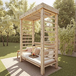 May include: A wooden outdoor daybed with a canopy, featuring a light-colored mattress and decorative pillows. The structure has a ladder-like design on the sides and is surrounded by greenery, creating a relaxing outdoor space.