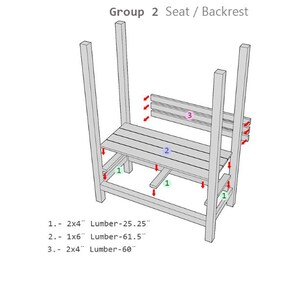 May include: Diagram of a wooden bench frame labeled "Group 2 Seat / Backrest." The bench design includes a seat, backrest, and supporting legs. Lumber measurements are provided: 2x4" at 25.25", 1x6" at 61.5", and 2x4" at 60".