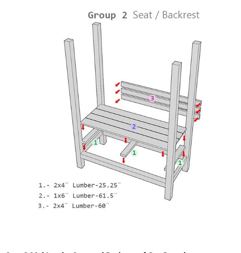May include: Diagram of a wooden bench frame labeled "Group 2 Seat / Backrest." The bench design includes a seat, backrest, and supporting legs. Lumber measurements are provided: 2x4" at 25.25", 1x6" at 61.5", and 2x4" at 60".