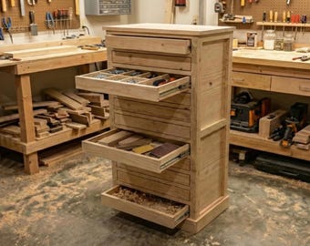 May include: A light-colored wooden tool chest with multiple drawers, some partially open, revealing tools and supplies. The chest is in a workshop setting, with workbenches and tools visible in the background.
