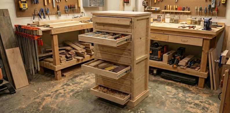 May include: A light-colored wooden tool chest with multiple drawers, some partially open, revealing tools and supplies. The chest is in a workshop setting, with workbenches and tools visible in the background.