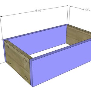 May include: A rectangular wooden box with light blue sides and a natural wood interior. The box is 19 1/2 inches long, 10 1/2 inches wide, and 5 3/4 inches high. The box has visible joinery.