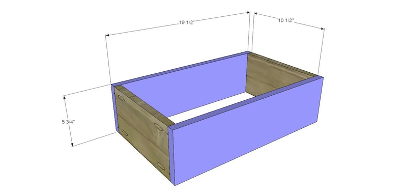 May include: A rectangular wooden box with light blue sides and a natural wood interior. The box is 19 1/2 inches long, 10 1/2 inches wide, and 5 3/4 inches high. The box has visible joinery.